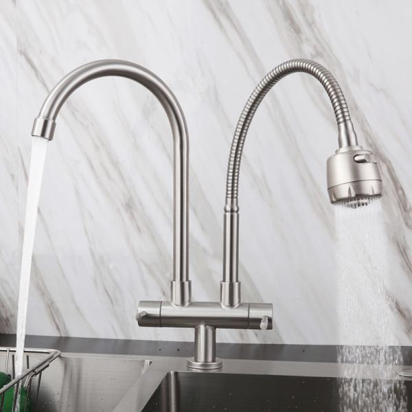Faucet single cold double pipe double handle universal rotation